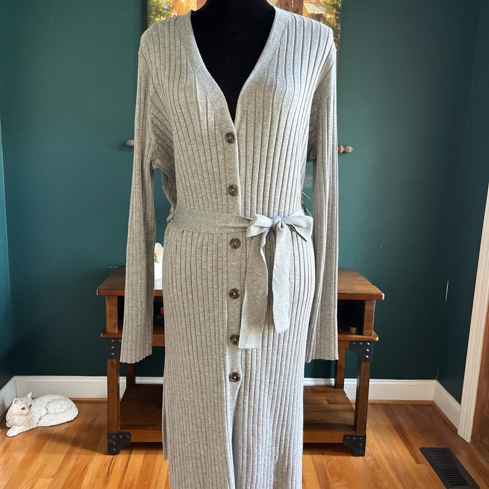 Gray Ribbed Cardigan Dress with Belt